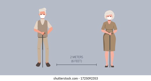 Older couple people maintain social distancing and wearing a face mask. New normal lifestyle in daily after Coronavirus outbreak. 