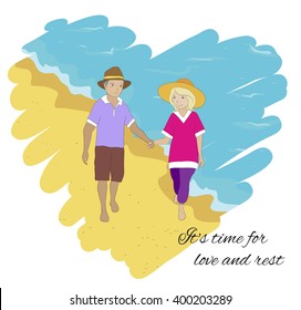 Older couple walking on a beach. Happy seniors dating. Elderly couple vector illustration.