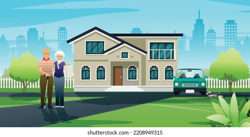 Older couples enjoy life with houses and cars.