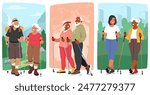 Older Couples Participating In Nordic Walking In Outdoor Settings. Senior Characters engaged in Healthy, Active Lifestyles And Social Interaction. Fitness, Walking, And Elderly Wellness Concept
