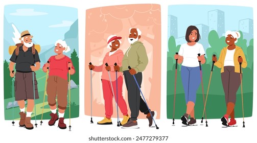 Older Couples Participating In Nordic Walking In Outdoor Settings. Senior Characters engaged in Healthy, Active Lifestyles And Social Interaction. Fitness, Walking, And Elderly Wellness Concept