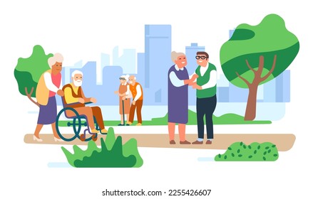 Older couples walking together in park. Happy elderly people. Seniors leisure. Disabled pensioner in wheelchair. Retired families stroll. Grandparents relax in nature