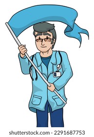 Médico mayor con pelo gris, gafas, bata de laboratorio azul, estetoscopio en el cuello, sosteniendo mástil de plata con tela azul. Plantilla en estilo de dibujos animados.