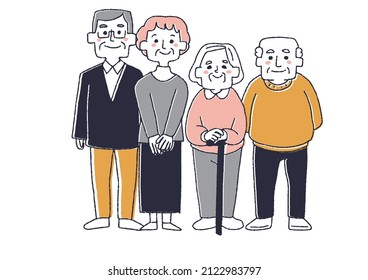  Older family, comical handwritten person illustration, vector line drawing with simple coloring, white background