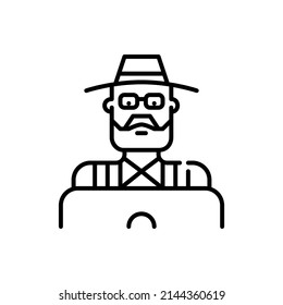 Older farmer in a hat using a laptop. Pixel perfect, editable stroke icon