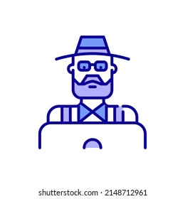 Older farmer in a hat using a laptop. Pixel perfect, editable stroke color icon