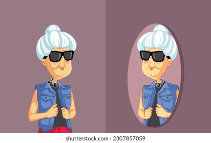 
Older Fashionista Woman Checking herself in the Mirror Vector Cartoon. Younger looking modern fashionista feeling age positive 
