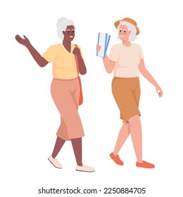Older female friends going to event with tickets semi flat color vector characters. Editable figures. Full body people on white. Simple cartoon style illustration for web graphic design and animation