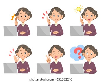 Older female laptop computer expression and gesture