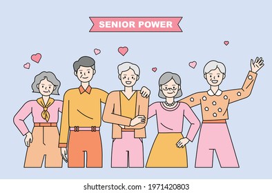 Older Friends Are Standing And Waving. Flat Design Style Minimal Vector Illustration.