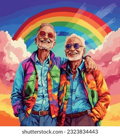 Older Gay Couple Drawing - Rainbow LGBTIQ colors - Gay Couple Vector On Clouds