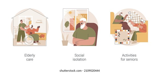 Older generation lifestyle abstract concept vector illustration set. Elderly care, social isolation, activities for seniors, home nursing medical care, retiree companion, assistance abstract metaphor.