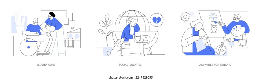 Older generation lifestyle abstract concept vector illustration set. Elderly care, social isolation, activities for seniors, home nursing medical care, retiree companion, assistance abstract metaphor.