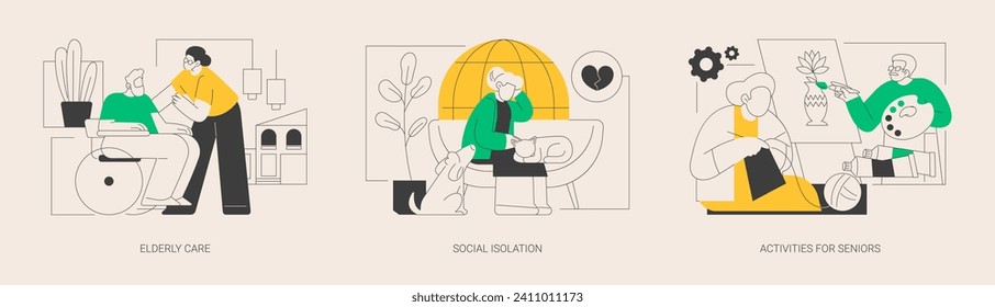 Older generation lifestyle abstract concept vector illustration set. Elderly care, social isolation, activities for seniors, home nursing medical care, retiree companion, assistance abstract metaphor.