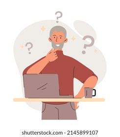 Older Generation Problems Using Technology Concept. Elderly Man Learning To Work On Laptop. Adult Male Character Experiencing Difficulties With Innovative Devices. Cartoon Flat Vector Illustration