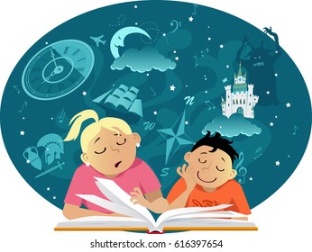 Older girl is reading a book to a little boy, imaginary fantastic images hovering over them, EPS 8 vector illustration, no transparencies