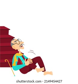 A Older glabrous man falling accident.Elderly grey hair man Fall down stairs, sit on your knees. Vector isolate flat cartoon characters design concept of Old man Clumsiness, Injury, Failure, Safety. 