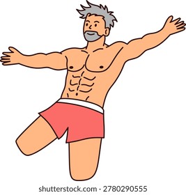 Older Gray Haired Man Jumping With Arms Spread Wide