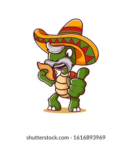 older green cartoon turtle eat tacos using sombrero hat in head