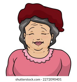 Older lady smiling, wearing pink dress, red cap and earrings. Portrait in cartoon style over white background.