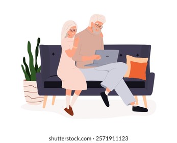 Older lovers surfing internet, search for information on a laptop sitting on the sofa. Senior aged man and woman resting. Vector illustration isolated on white background