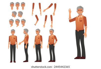 Older male character with a collection of facial expressions and pose options for animation.