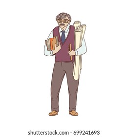 Older male pedagogue, professor or designer of books and drawings in his hands. A worker of the sphere of science and education. People of professions. Vector colored sketch of realistic illustration