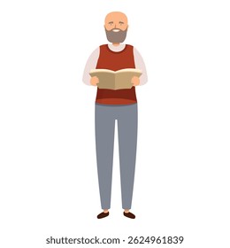 Older male professor is holding a textbook open as he reads from it