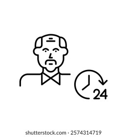 Older man and 24 hours clock. Always on duty, round the clock assistance for seniors. Pixel perfect vector icon