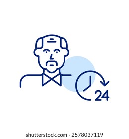 Older man and 24 hours clock. Always on duty, round the clock assistance for seniors. Pixel perfect, editable stroke icon