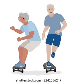 Older man amd woman skating on skateboard. Senior couple having fun together while riding skateboard. Healthy sport activities for senior people.