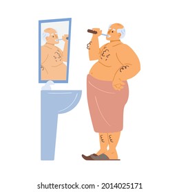 Older Man Is In Bathroom Brushing His Teeth. Vector Flat Cartoon Illustration Of Old Man's Character And Daily Routine. Concept Of Human Character.