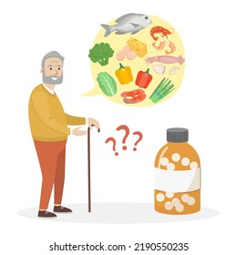 An older man chooses between healthy food and pills. Vector illustration.