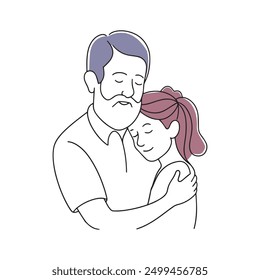 An older man embraces a young girl in a warm hug outdoors Hand drawn offset fill with doodle illustration