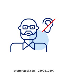 Older man with glasses and ear crossed out. Age-related hearing loss. Senior people healthcare and employment. Quiet environment for seniors. Pixel perfect, editable stroke vector icon