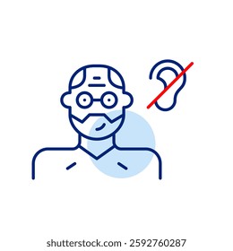 Older man with glasses and ear crossed out. Age-related hearing loss. Senior people care. Quiet environment for seniors. Pixel perfect, editable stroke vector icon