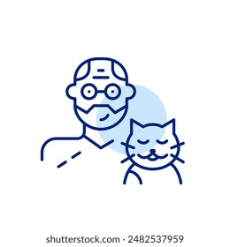 Older man in glasses and happy cat. Pet companion. Animal love. Pixel perfect vector icon