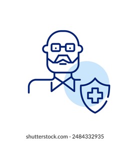 Hombre mayor con gafas, escudo de seguridad y cruz médica. Seguros y servicios de salud para personas mayores. Icono de trazo perfecto y editable