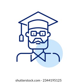 Older man graduating from college. Wearing mortar and gown. Senior citizens higher education. Pixel perfect icon