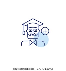 Hombre mayor con sombrero de graduación y símbolo plus. Aprendizaje permanente, hitos profesionales y crecimiento personal. Icono de Vector de trazo perfecto y editable