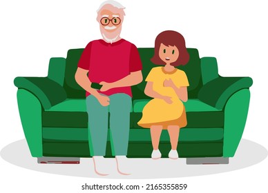 The Older Man Is A Grandfather With A Granddaughter Sitting On The Couch Elderly People Are Cartoon