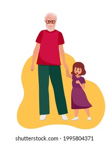 The older man grandfather walks with his granddaughter. Elderly people are cartoon characters. Old age. Vector illustration of a flat style, isolated on a white background