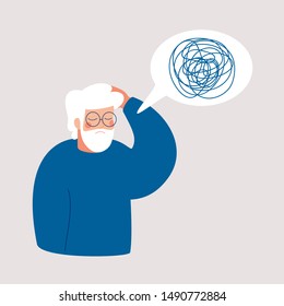 Older man has in depression with bewildered thoughts in her mind. Loss of short-term memory, difficulty concentrating, problems planning and pondering things are symptoms of dementia.