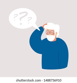 Older man has Alzheimer’s disease and a question above him in the speech bubble. Loss of short-term memory, difficulty concentrating, problems planning and pondering things are symptoms of dementia.