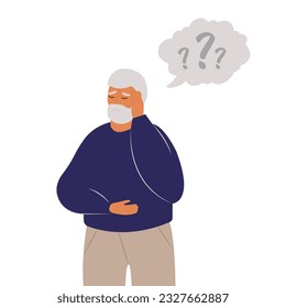 Older man has Alzheimer’s disease and a question above him in the speech bubble. Loss of short-term memory, difficulty concentrating, problems planning and pondering things are symptoms of dementia.