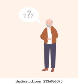 Older man has Alzheimer’s disease and a question above him in the speech bubble. Loss of short-term memory, difficulty concentrating, problems planning and pondering things are symptoms of dementia.
