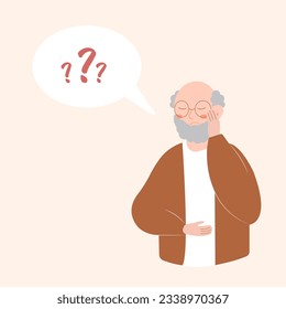 Older man has Alzheimer’s disease and a question above him in the speech bubble. Loss of short-term memory, difficulty concentrating, problems planning and pondering things are symptoms of dementia.