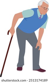 Older man having a knee pain and standing with a walking stick