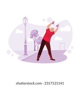 The older man with a healthy lifestyle by exercising and lifting dumbbells outdoors. Trend Modern vector flat illustration.