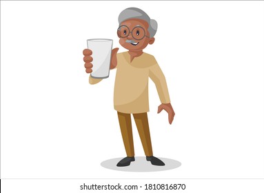 Older man is holding a glass of milk. Vector graphic illustration. Individually on white background.